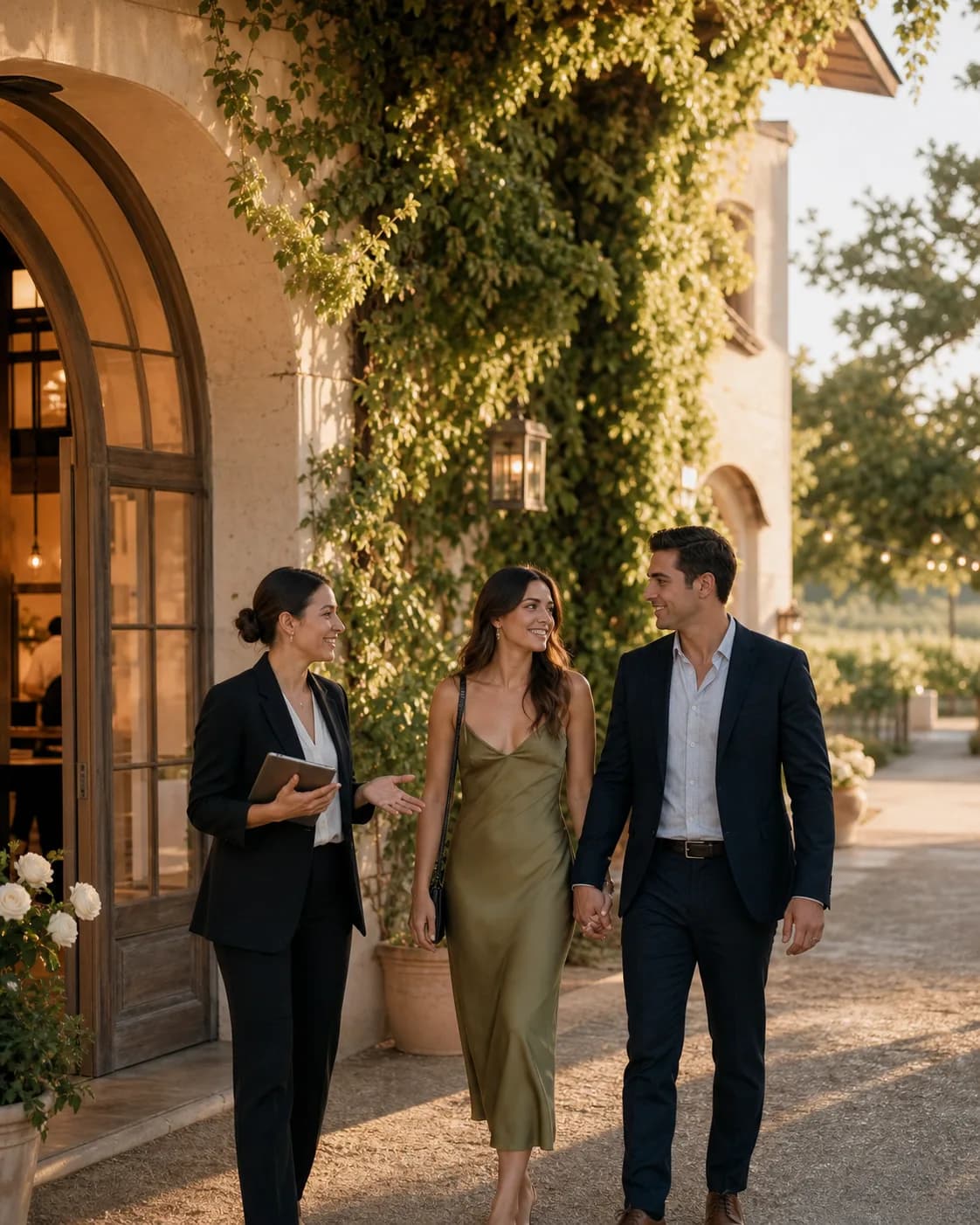 A couple touring a warm event venue at golden hour